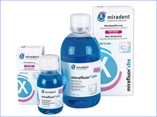 Przejdź do produktu MIRADENT Mirafluor CHX 100ml 0,06% - płyn o stężeniu chlorheksydyny 0,06% i związkami fluoru 250ppm (MAŁY)