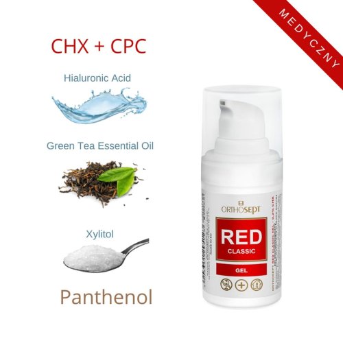 Przejdź do produktu ORTHOSEPT Red Classic żel 15ml (kwas hialuronowy + pantenol + olejek z drzewa herbacianego + xylitol + CPC + Chlorheksydyna 0,2%)