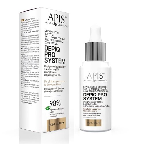 Przejdź do produktu Apis DEPIQ PRO SYSTEM Depigmentujący booster z α-arbutyną 1% i kompleksem rozjaśniającym 1%
