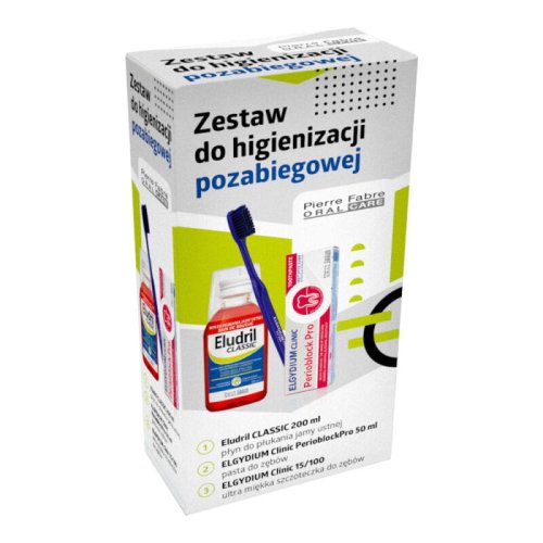 Przejdź do produktu ELUDRIL zestaw pozabiegowy PERIOBLOCK - zestaw zawiera płyn Eludril Classic 200ml + pastę do zębów PerioBlock 50ml + szczoteczkę Clinic 15/100