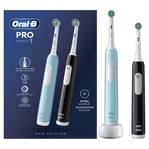 Przejdź do produktu Oral-B szczoteczka elektryczna PRO1 zestaw 2-pack CrossAction - Black (czarny) + Blue (niebieski) - DUO