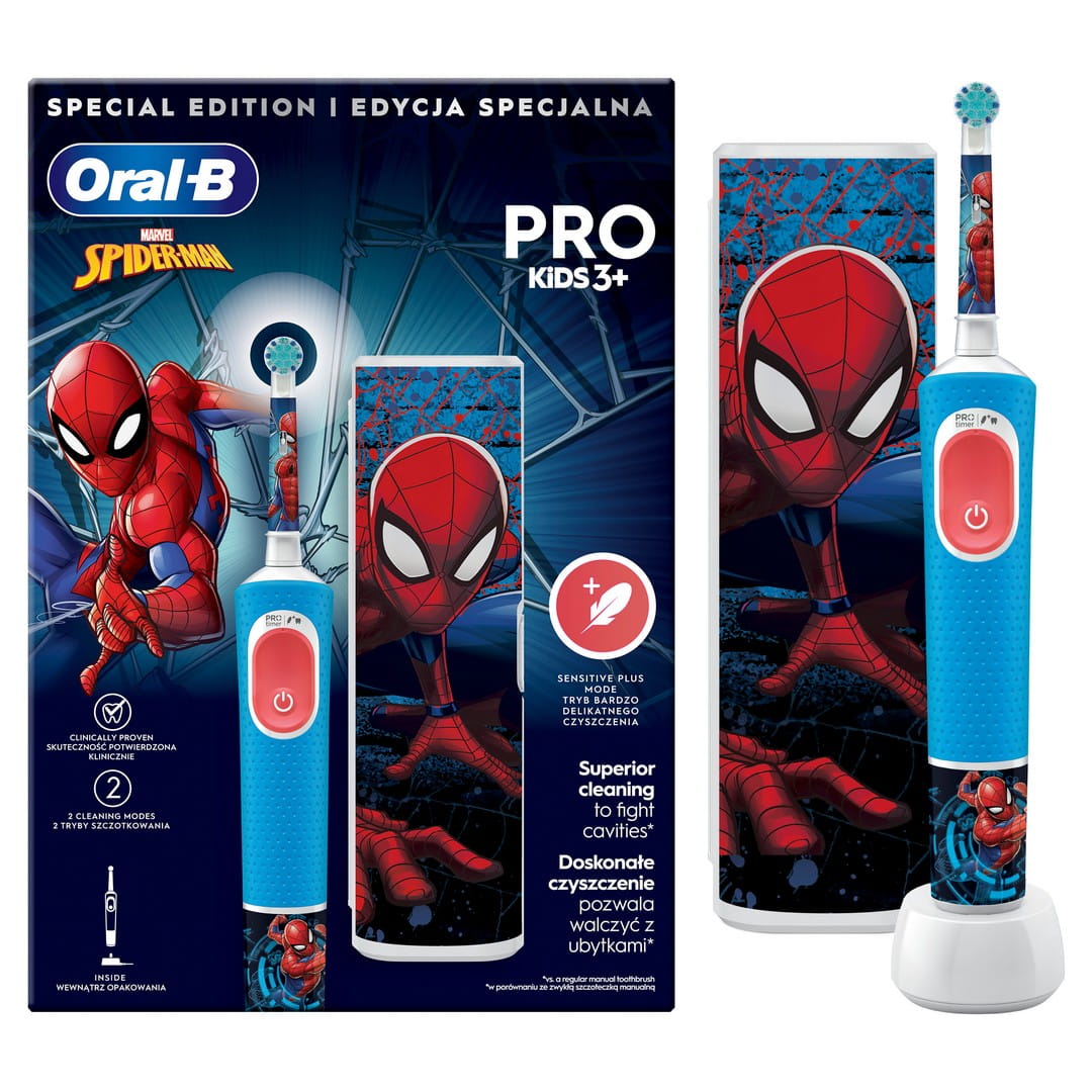 Электрическая зубная щётка для детей Oral-B Pro Kids D103 Spider-Man, с 3 лет, с дорожным футляром