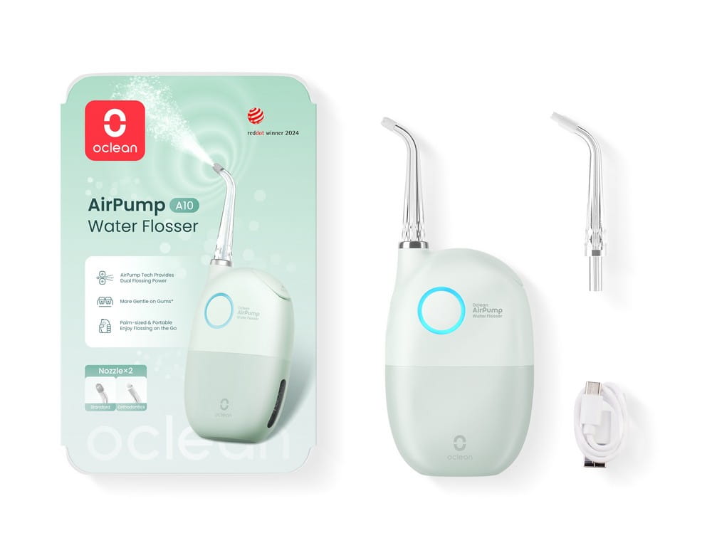 Ирригатор Oclean AirPump A10 портативный, 3 режима, IPX7, зарядка USB-C, 2 насадки, зелёный