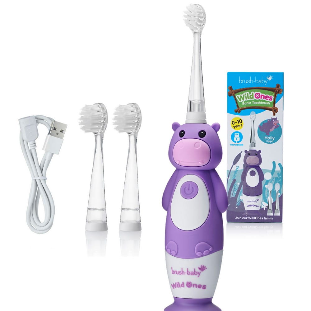 Звуковая зубная щётка для детей Brush-Baby WildOnes Hippo, 0–10 лет, зарядка USB, 2 режима