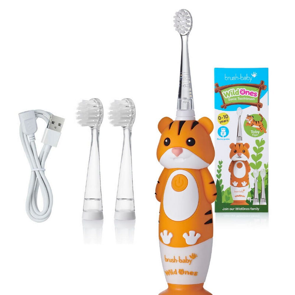 Звуковая зубная щётка для детей Brush-Baby WildOnes Tiger, 0–10 лет, зарядка USB, 2 режима
